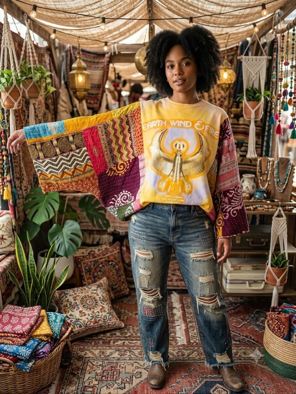 OOAK EARTH WIND AND FIRE PATCHWORK KANTHA TOP SX-3X
